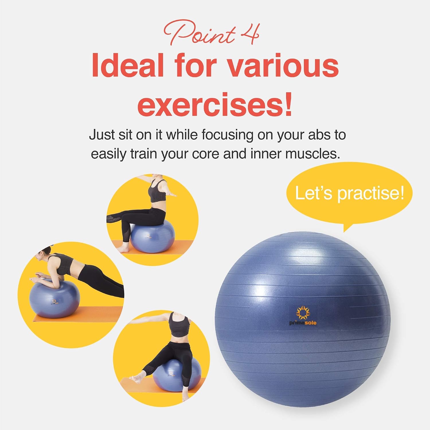 Primasole Exercise Ball for Balance Stability Fitness Workout Yoga Pilates at Home Office & Gym Birthing Ball for Pregnancy, Office Ball Chair
