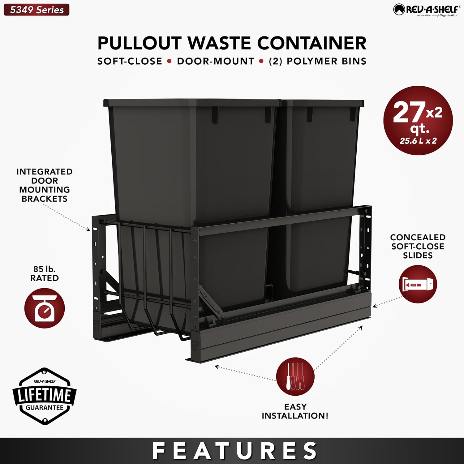 Rev-A-Shelf 35 Qt Aluminum Bottom Mount Double Pullout Waste Container w/Soft-Close for Base Kitchen Cabinets, Min. 15" Opening Width, Silver & White, 5349-15DM18-2