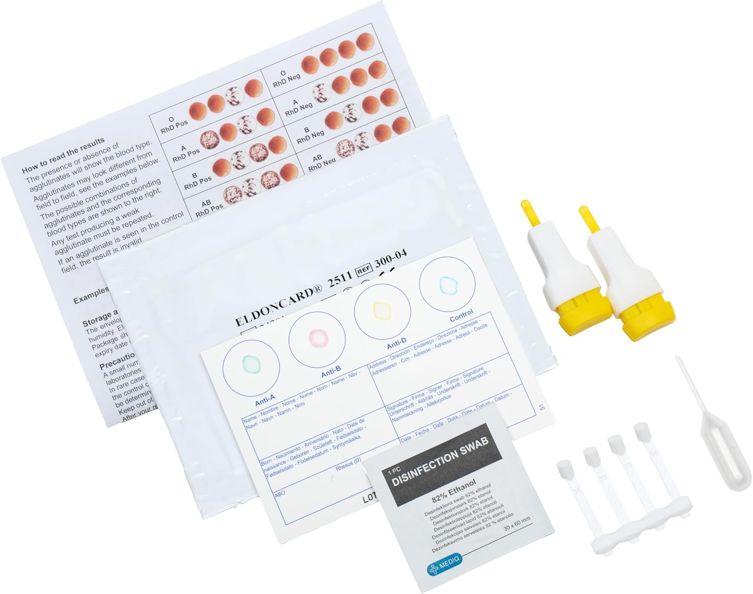 Eldoncard INC Blood Type Test, 1 Pack | Complete Kit, A, B, O, AB & RH Results, Results in Minutes, Includes Safety Lancet, Micropipette
