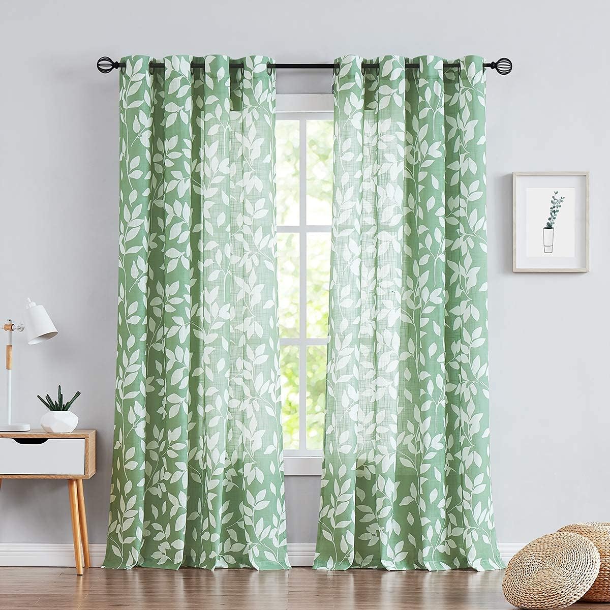 Leaf Semi Sheer Curtains for Bedroom Living Room 52x72" Taupe White Print 2