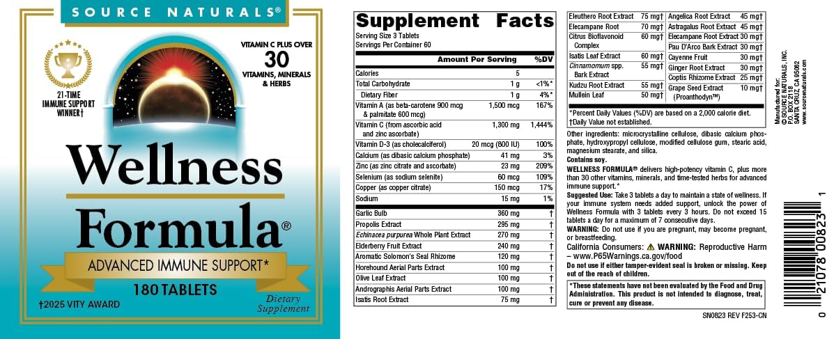 Source Naturals Wellness Formula, Advanced Immune Support* - 180 Tablets | Bio-Aligned Vitamins & Herbal Defense with Vitamin C Plus 30 other Vitamins, Minerals & Herbs for Immune System Support*