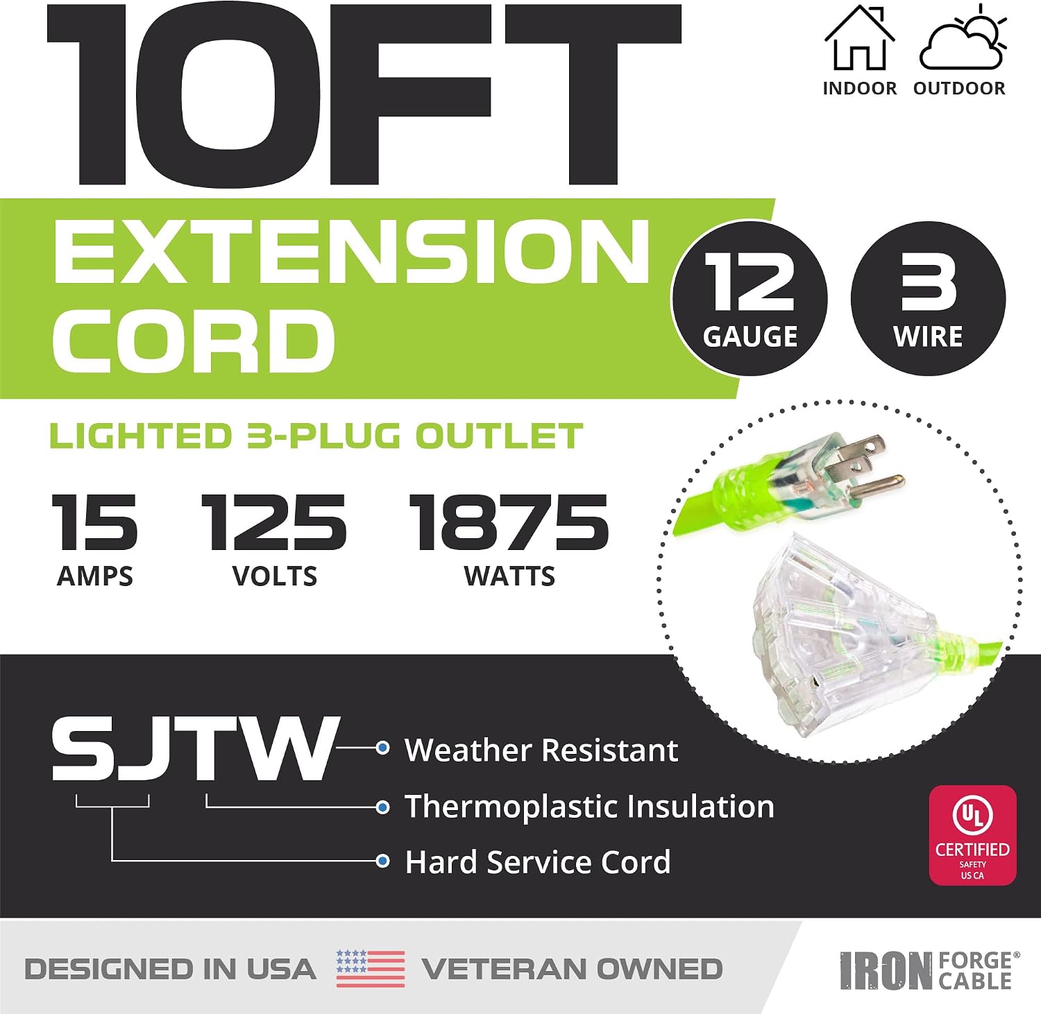Iron Forge Cable 12 Gauge Extension Cord Multi Outlet, 10 Ft - Black SJTW
