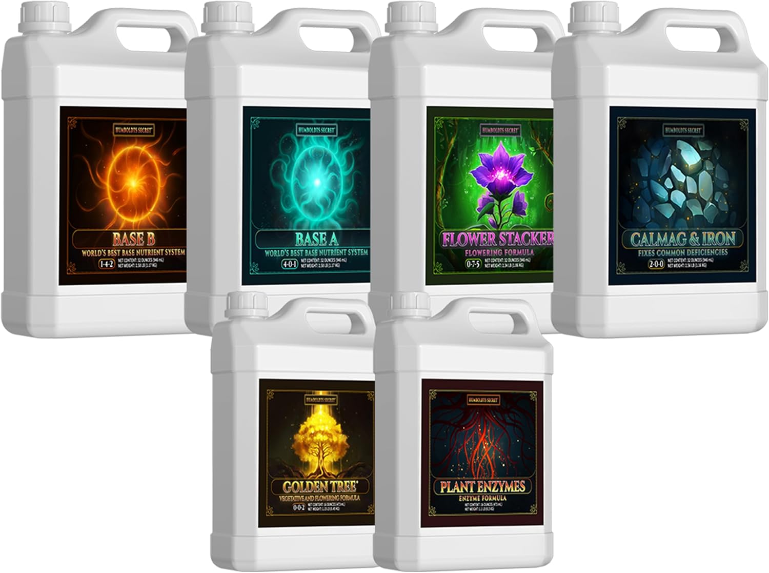 Humboldts Secret Starter Kit Pack | Indoor and Outdoor Plant Fertilizer and Hydroponic Nutrients | Base A & B, CalMag and Iron, Golden Tree, Flower Stacker, Plant Enzymes | Complete Garden System
