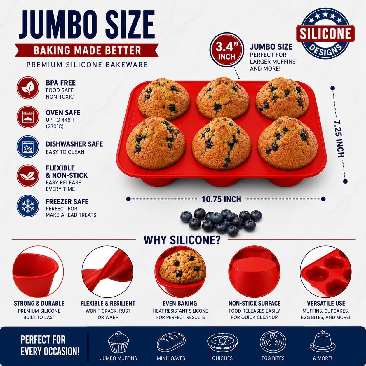 Silicone Texas Muffin Pan 6-Cups, Jumbo Muffin Pan Set of 2, BPA-Free Non-Stick Cupcake Maker, 10.75L x 7.5W for Baking
