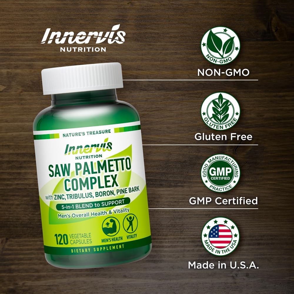 Prostate & Urinary Support for Men – 5-in-1 Saw Palmetto Complex with Zinc, Tribulus, Boron, Pine Bark – 120 Veggie Capsules