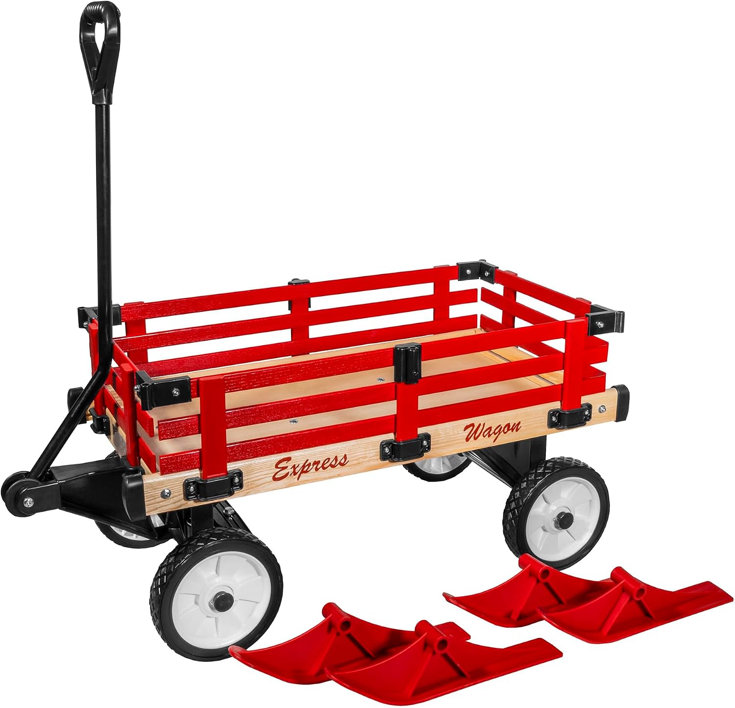 Millside Convertible Wood Wagon Cart with 4 Flat-Free Tires and Sleigh Runners for Outdoor Hauling Through Snow, Red, 16" x 34"