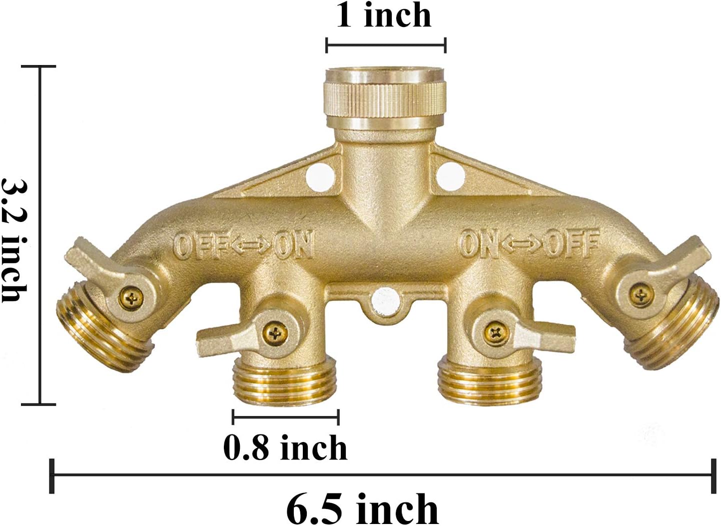 Hourleey Brass Garden Hose Splitter (4 Way), Solid Brass Hose Connector 3/4", Hose Spigot Adapter 4 Valves with 4 Extra Rubber Washers