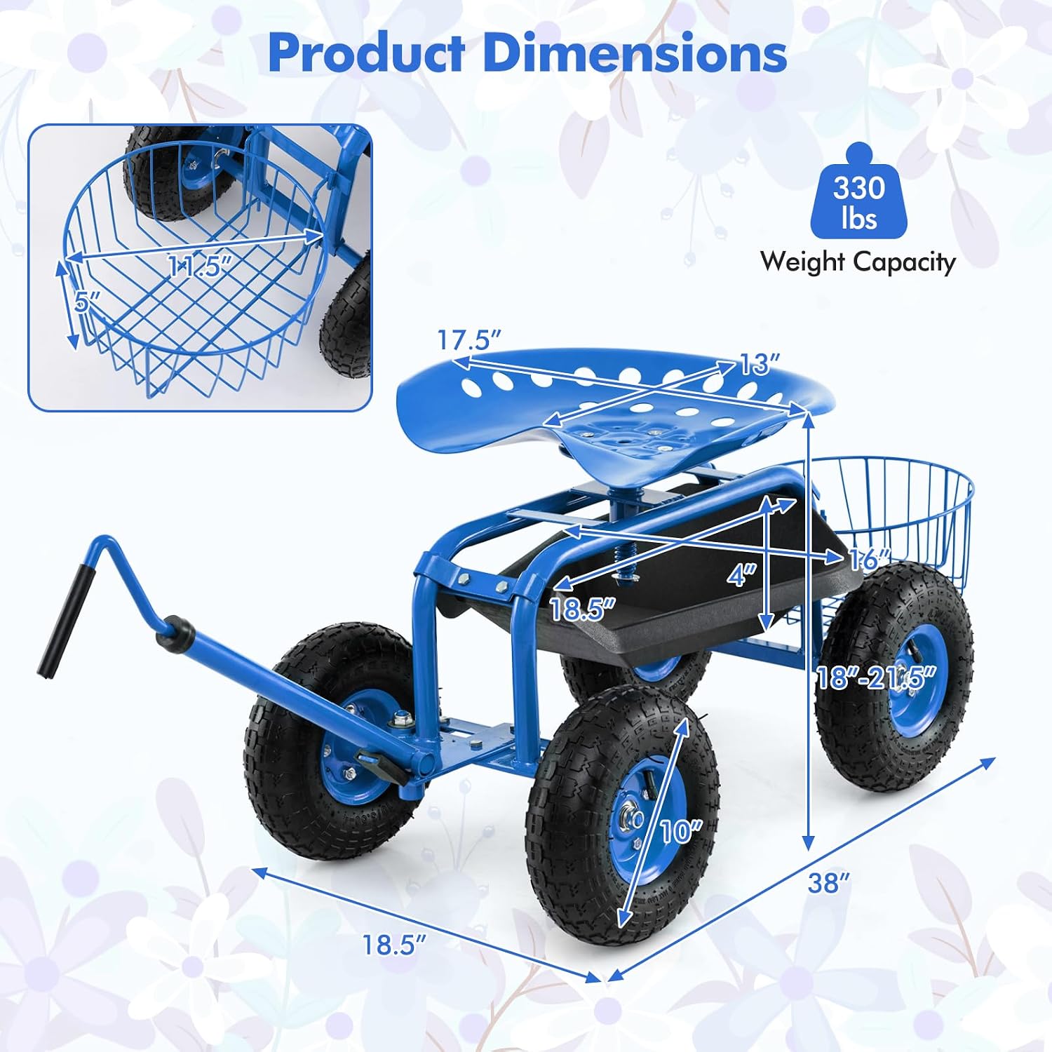 Goplus Rolling Garden Cart with Seat, Outdoor Garden Stool with Wheels, Tool Tray & Basket, Adjustable Steering Handle