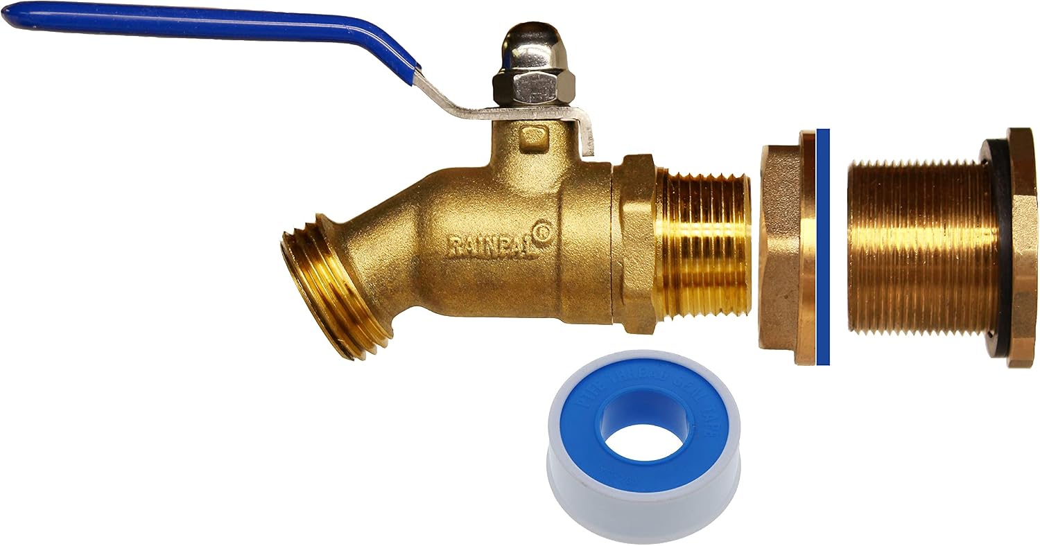 RBS024 Brass Rain Barrel Spigot (LF Compliant 3/4" Quarter Turn Ball Valve w/Bulkhead Fitting and Thread Tape, 7 GPM)