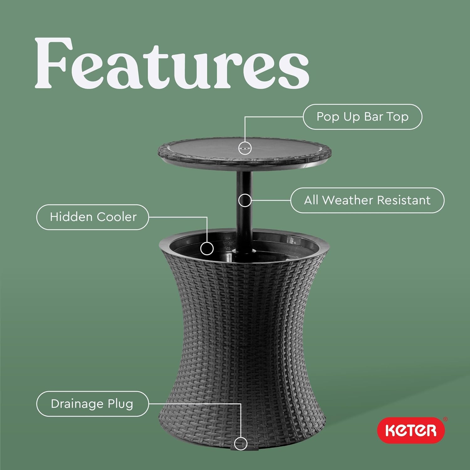 Keter Pacific Cool Bar Outdoor Patio Furniture and Hot Tub Side Table with 7.5 Gallon Beer and Wine Cooler, Espresso Brown