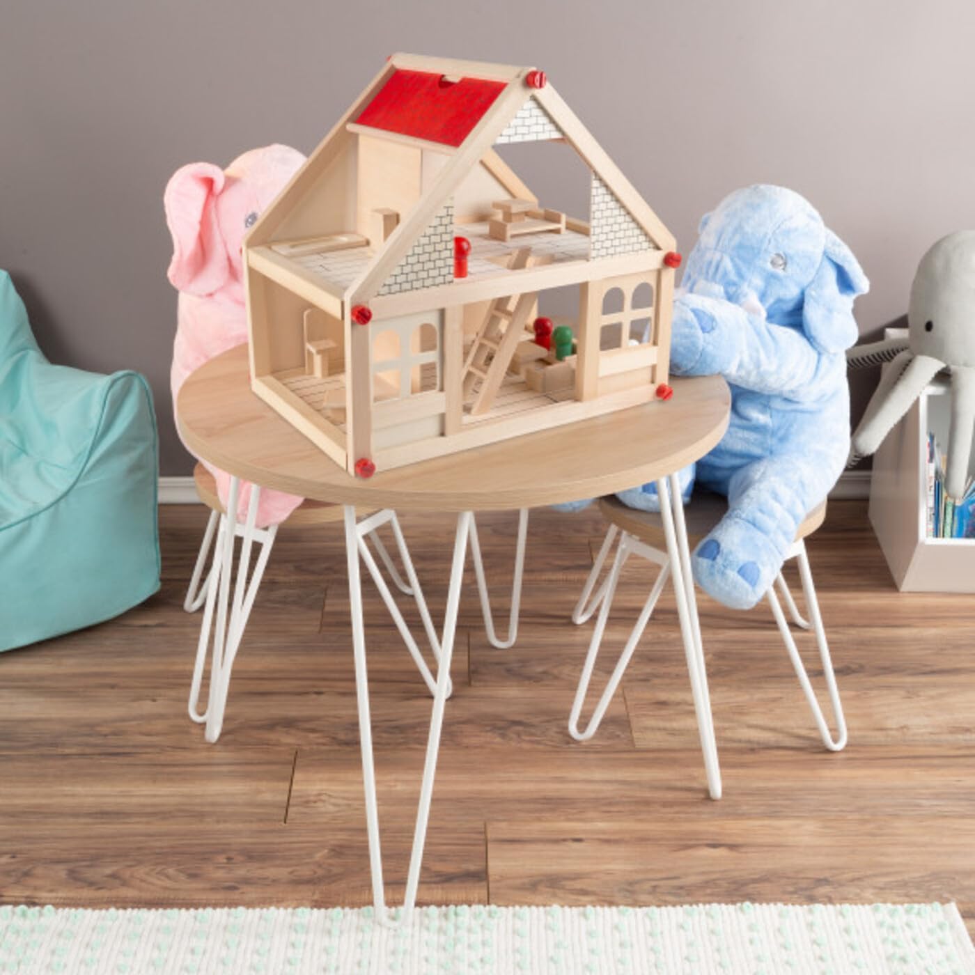 Hey Play Dollhouse for Kids, 15.75” x 11.5” x 15” | Classic Pretend Play 2 Story Wood Playset with Furniture Accessories and Dolls for Toddlers