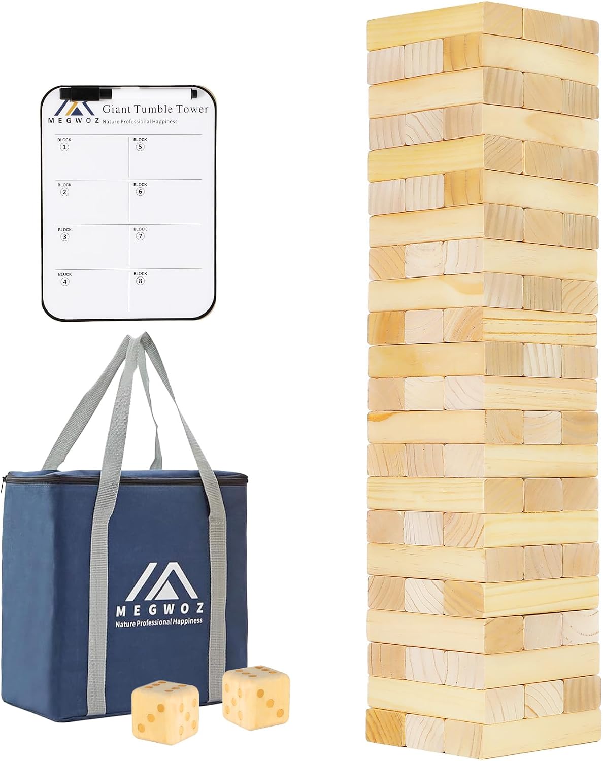 Megwoz Giant Tumble Tower Games for Kids and Adults 57 Blocks New Zealand Pine Wooden Blocks Stacking to Over 4.2FT Family Game for Indoors Outdoors