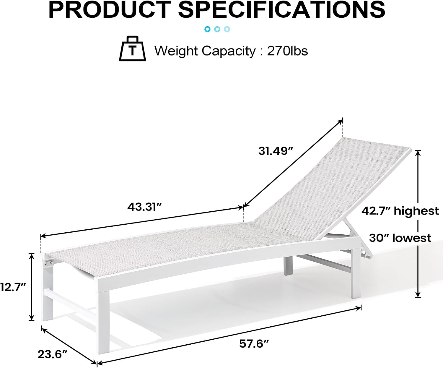 Crestlive Products Outdoor Pool Lounge Chairs Set of 2 with Side Table, Adjustable Five-Position Recliner for Beach, Pool, Sunbathing, Lawn
