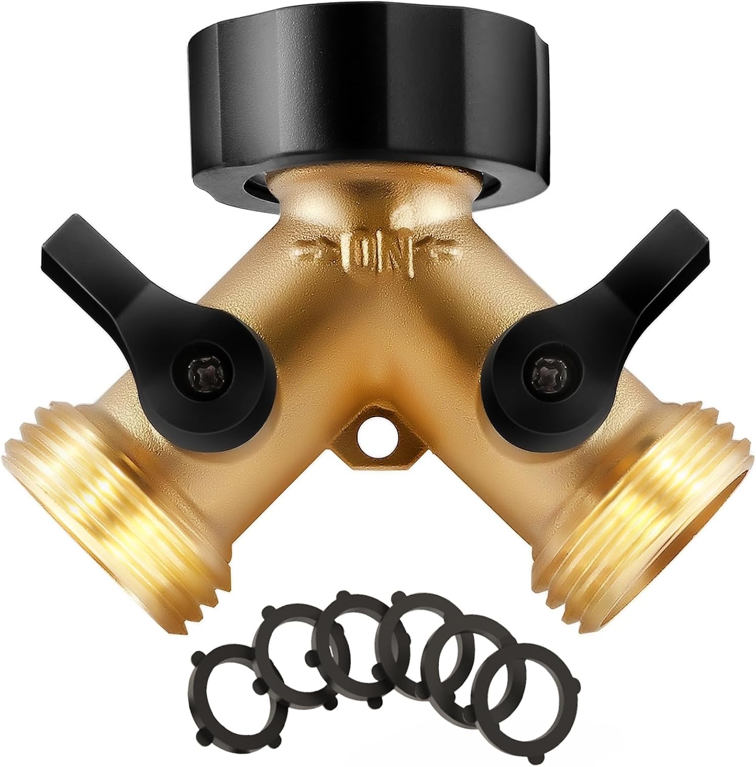 IPOW Brass Heavy Duty 2 Way Y Valve Garden Hose Splitter Adapter High Flow Spigot Splitter + 6 Rubber Hose Washers with Comfort Grip Use