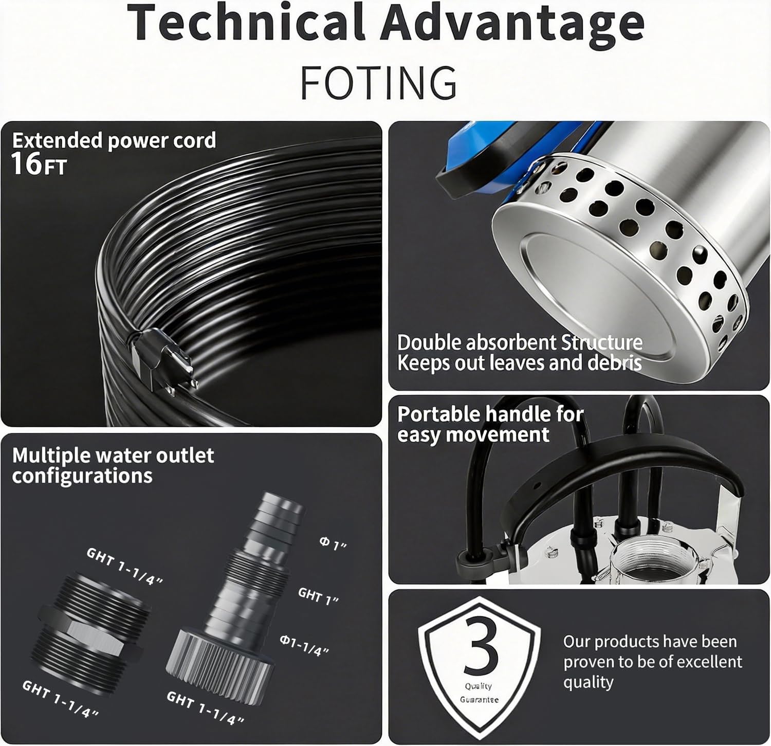 FOTING Full 304 Stainless Steel Sump Pump with Float Switch - 1HP 4600GPH Automatic Submersible Water Pump Fast Water Removal in Pools, Basements