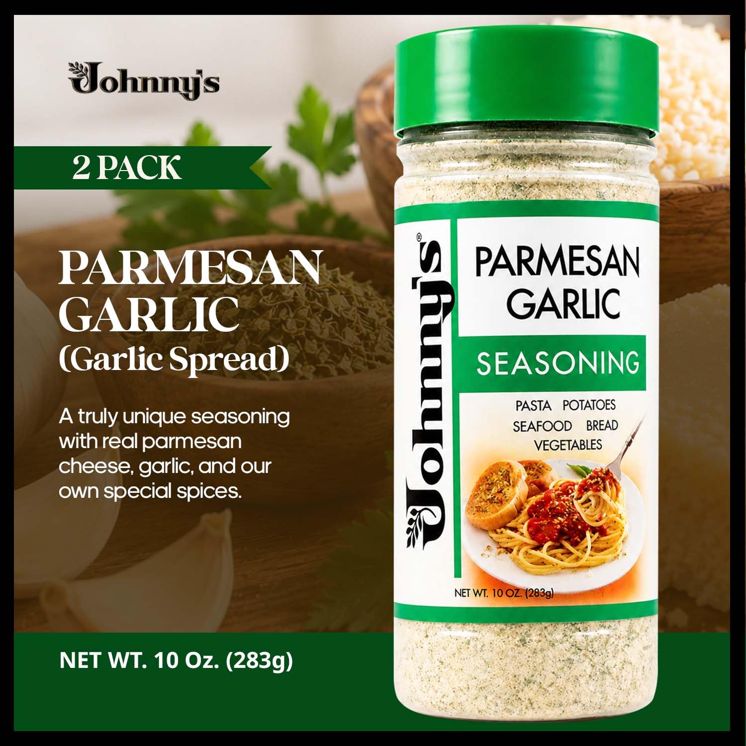 Johnny's - Garlic Spread & Seasoning - 10 oz | Garlic Seasoning Blend, Great For Bread, Pasta, Vegetables, Meats, Marinades, Dips & Everyday Cooking