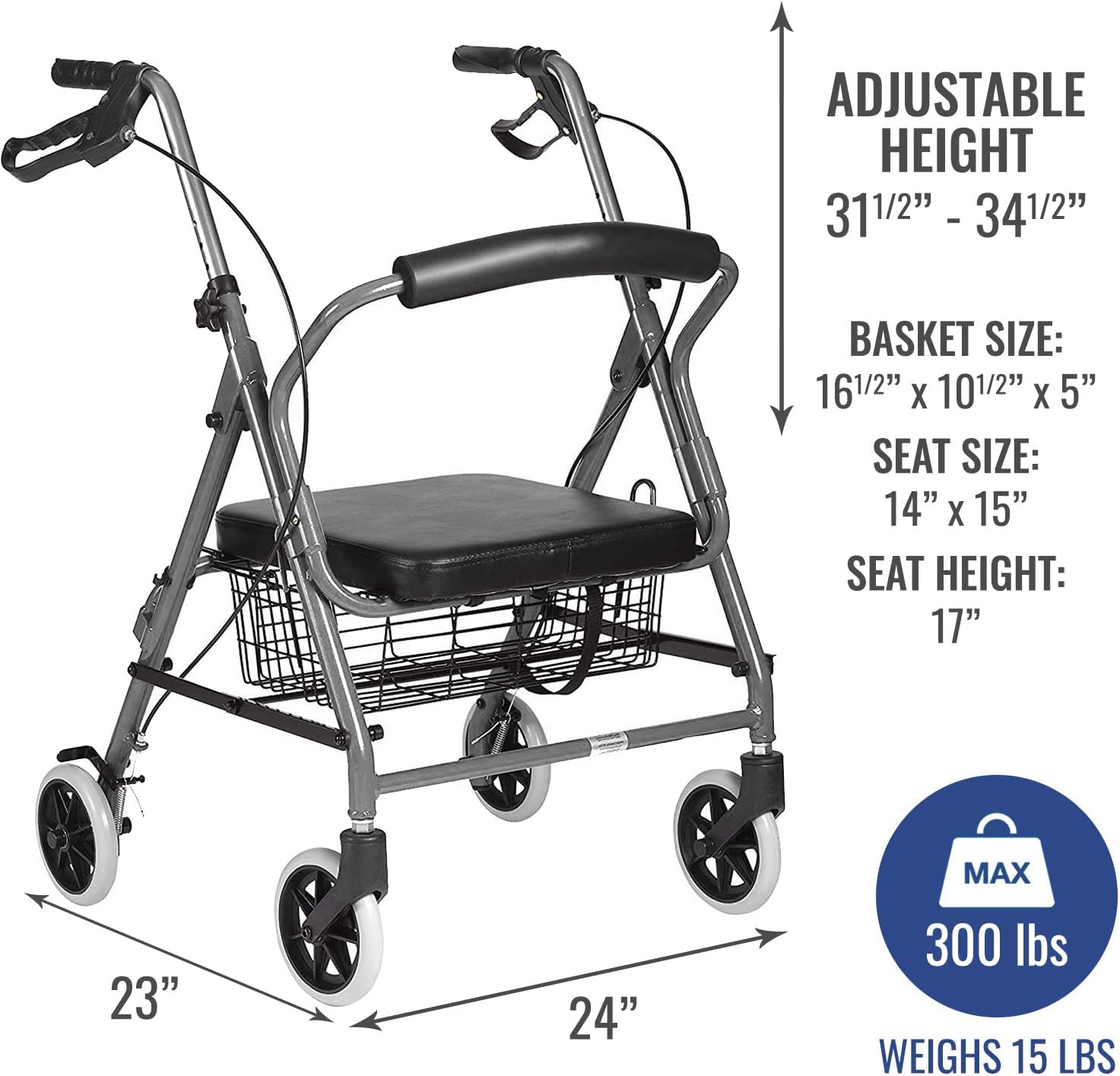 DMI Ultra Lightweight Folding Aluminum Hemi Rollator with Padded Seat, Basket and Adjustable Handle Height, Mobility Walker, Easily Fords