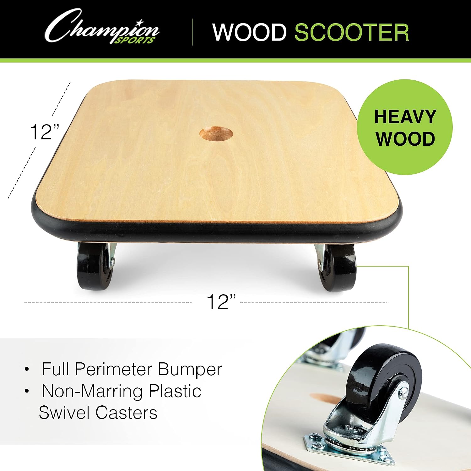 Champion Sports Wood Scooter – 12" or 16" - Durable Wooden Base with Full Perimeter Bumper, Non-Marring Rubber Swivel Casters, Ideal for Active Play & Physical Education