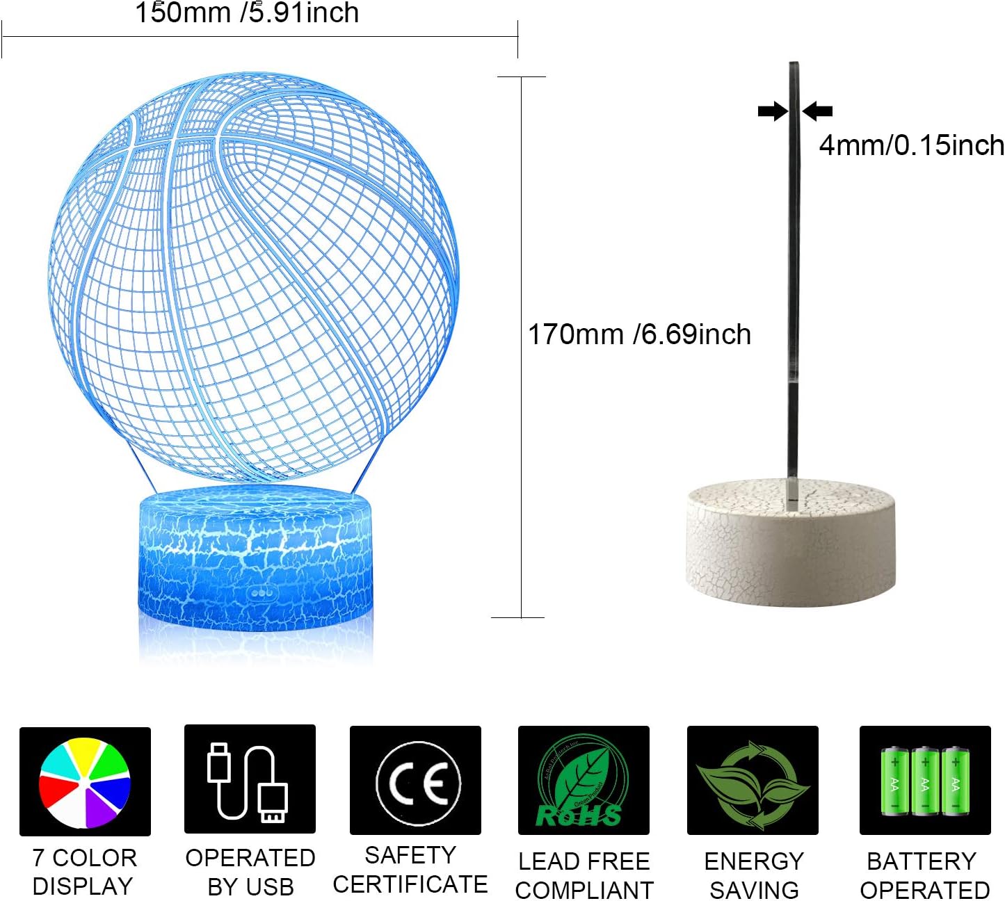 Volleyball 3D Illusion Night Light,16 Colors Changing Touch Switch & Remote Control,Acrylic Flat & ABS White Crack Base &USB Cable Table Lamp