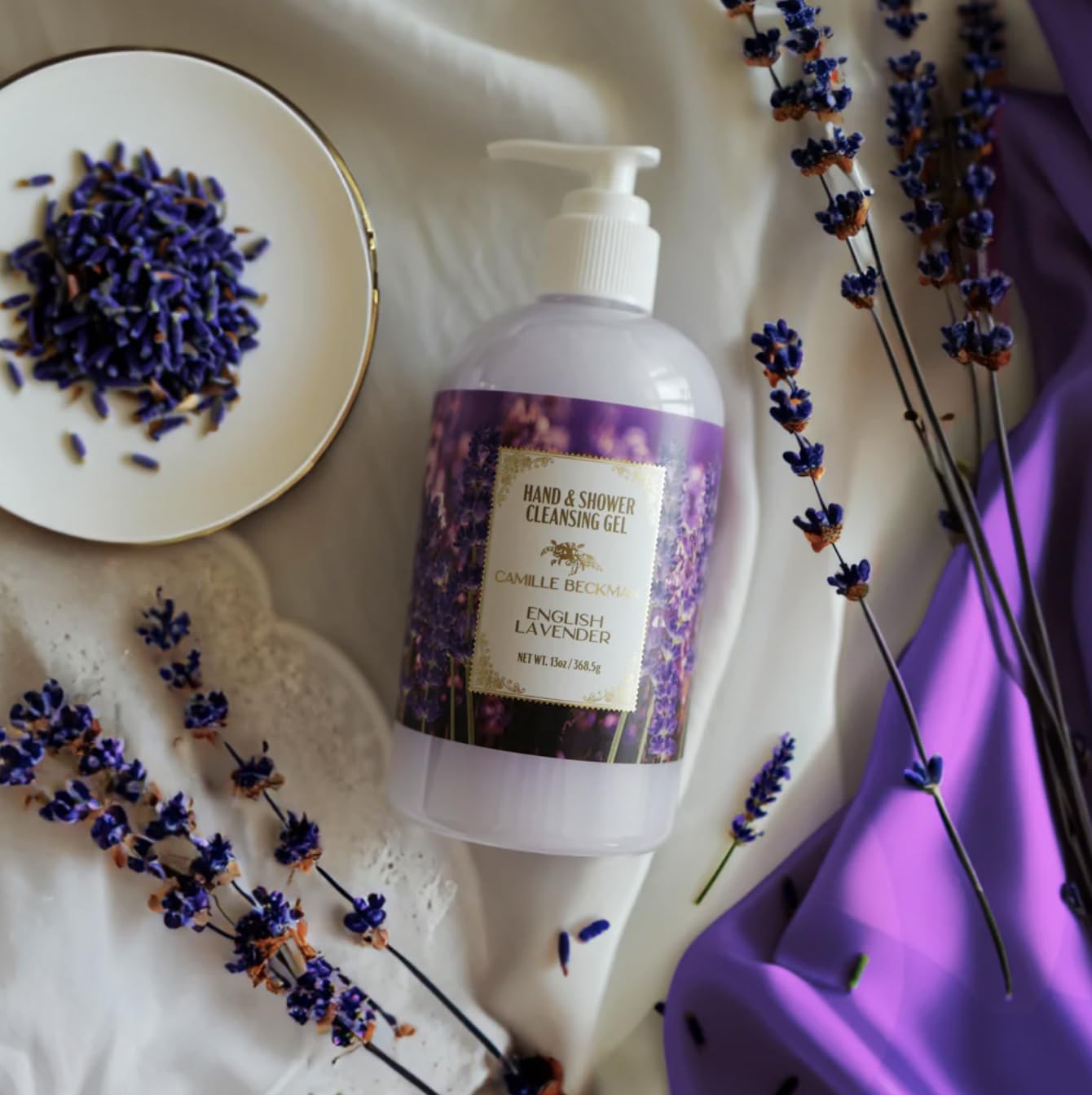 Camille Beckman English Lavender Silky Body Cream, Moisturizer, 13 oz | Sweet almond oil, glycerin, aloe & vitamin E; non-greasy vegan formula; fresh lavender scent; for all skin types; USA made