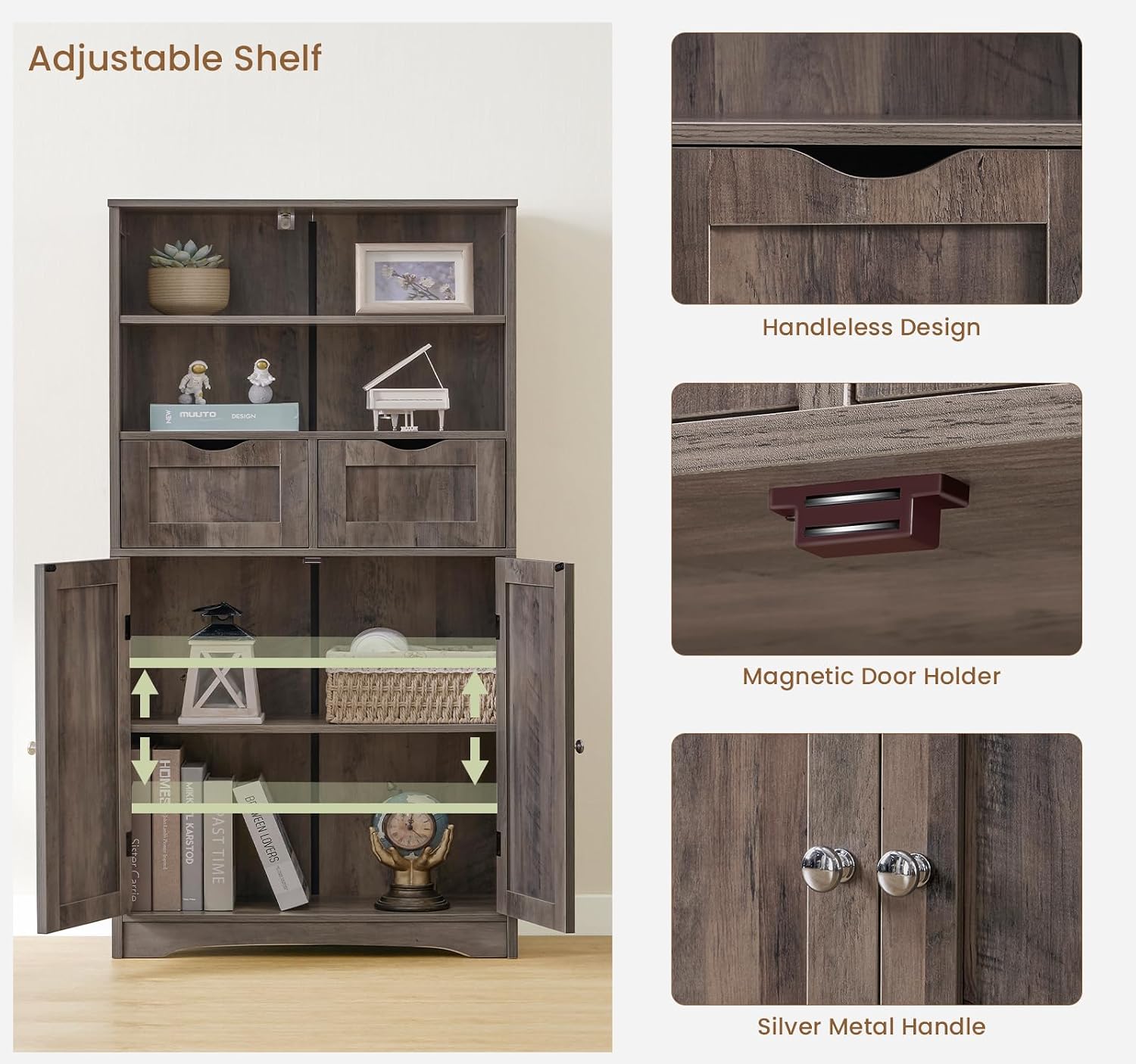 Iwell Storage Cabinet with 2 Drawers & Adjustable Shelves, Cupboard, Floor Cabinet for Living Room, Home Office, Rustic Brown