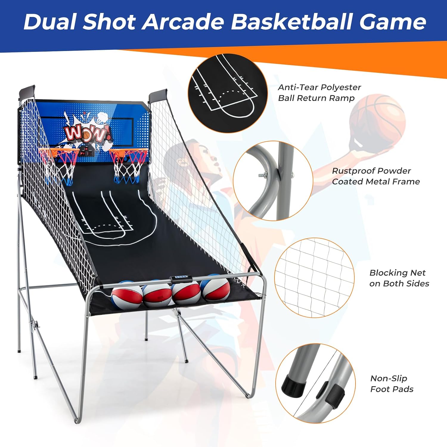 GYMAX Arcade Basketball Game Indoor Foldable with 8 Game Modes, Arcade Sound, 4 Balls and Inflation Pump, Electronic Basketball Games for All Ages Home