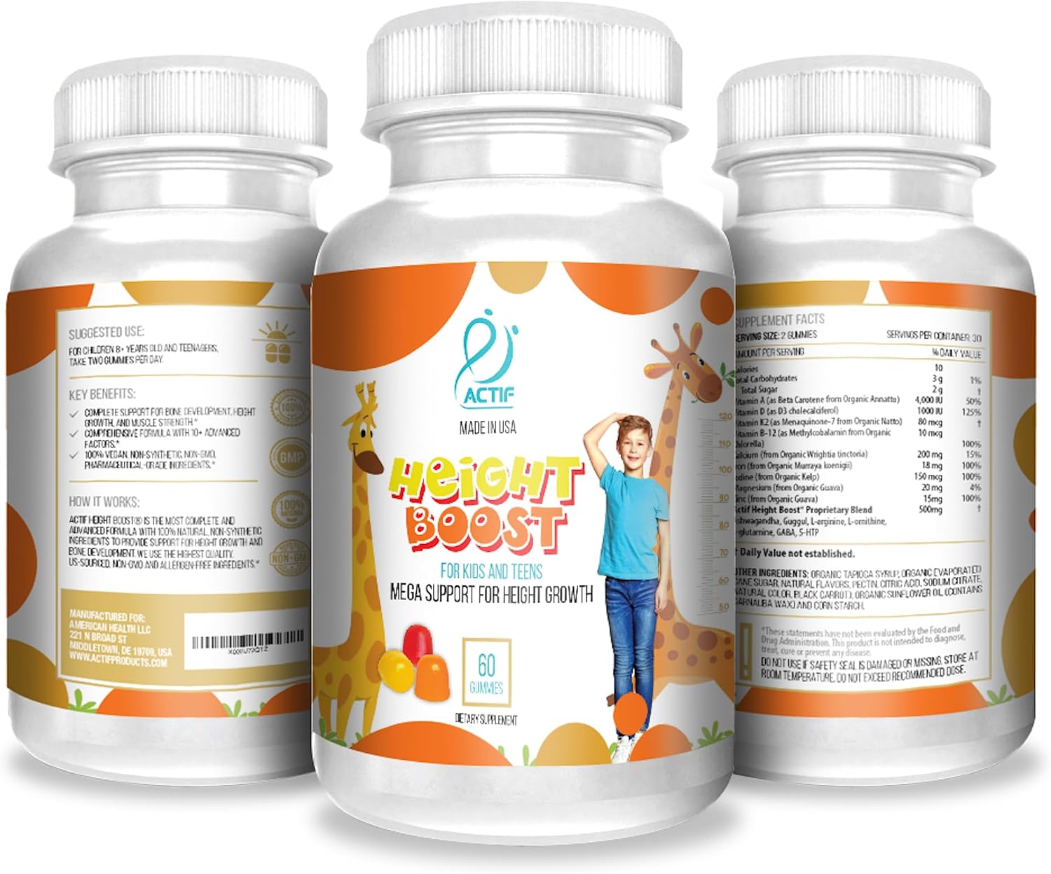 Actif Height Boost Mega Support for Height Growth with 10+ Factors, Height Supplement for Kids and Teens, 60 Gummies, Strawberry Flavor