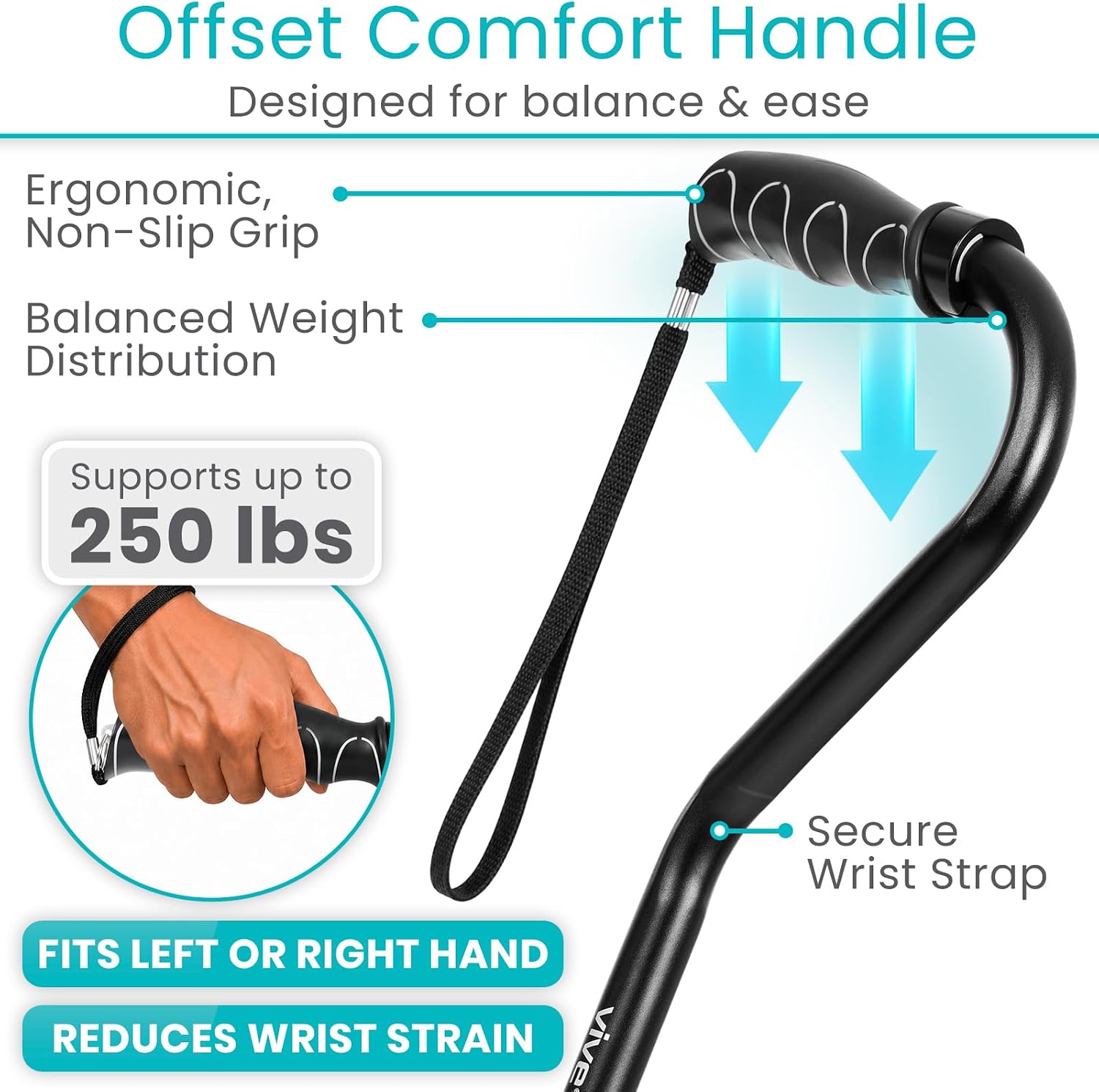 Vive Walking Cane for Women, Men, Elderly - Patented Offset Grip - Lightweight Adjustable Walking Aid with a Non-Slip Tip - Sturdy Balancing Mobility Aid for Seniors