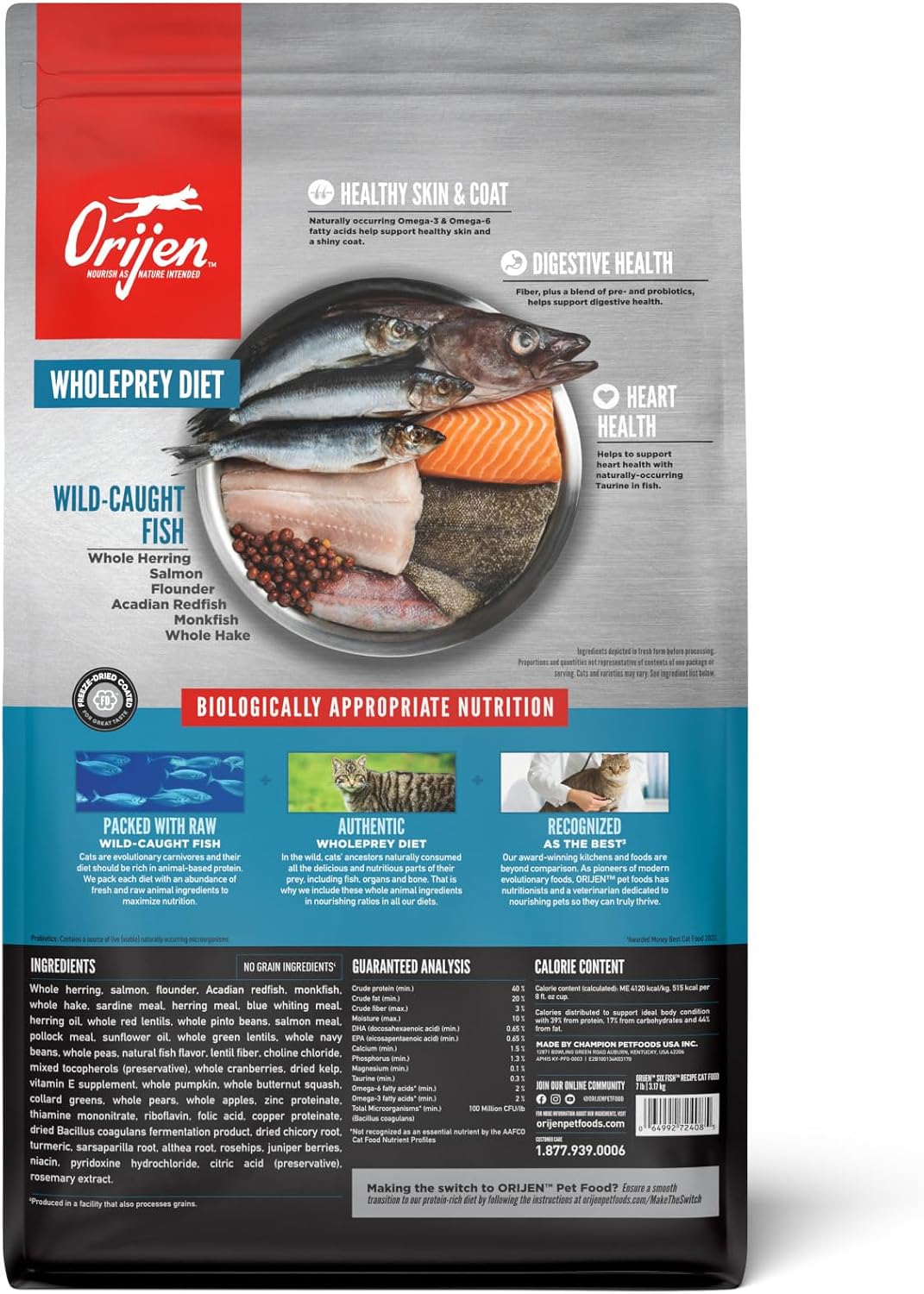 ORIJEN Grain Free WHOLEPREY Dry Cat Food Original Recipe 4lb. Bag | 90% Animal Ingredients, Freeze Dried, Fresh or Raw Ingredients, High Protein, Heart Health, Free-Run Poultry