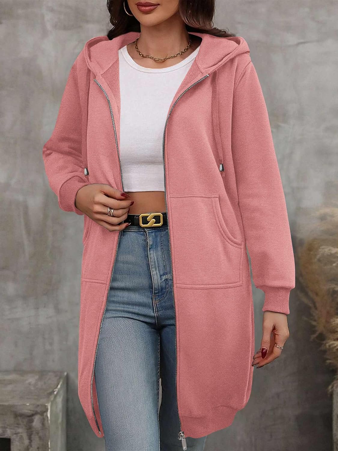 ELESOL Women Casual Zip up Fleece Hoodies Tunic Sweatshirt Long Jacket