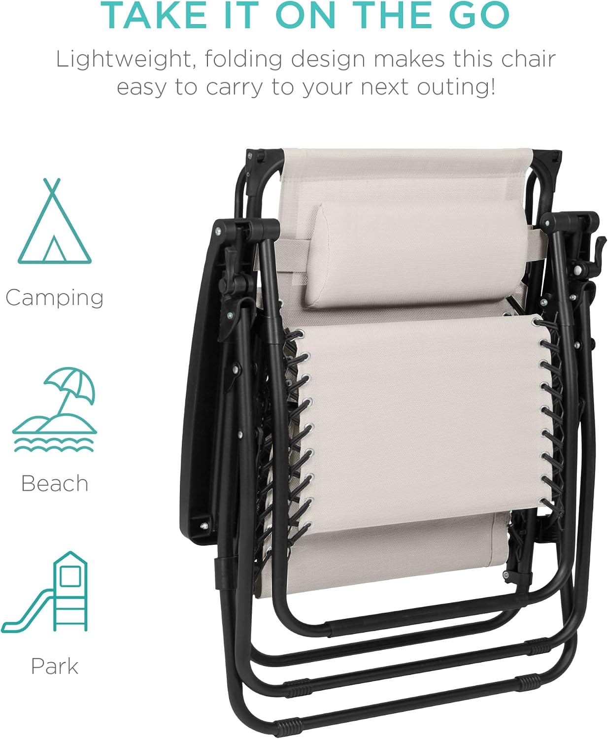 Best Choice Products Folding Zero Gravity Outdoor Recliner Patio Lounge Chair w/Adjustable Canopy Shade, Headrest, Side Accessory Tray, Textilene Mesh - Beige