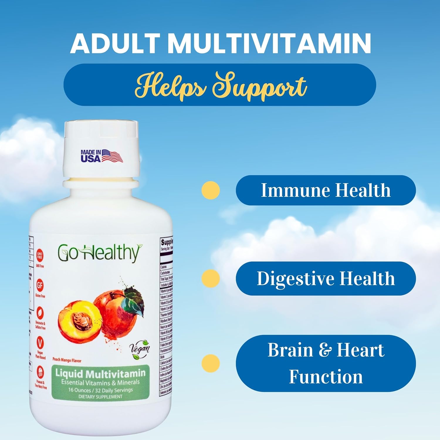Go Healthy Liquid Multivitamin for Women, Men, Teens | Vegan Vitamin & Mineral Supplement | High Absorption | Premium Liquid Formula | Immune Support | Peach Mango Flavor | 32 Servings