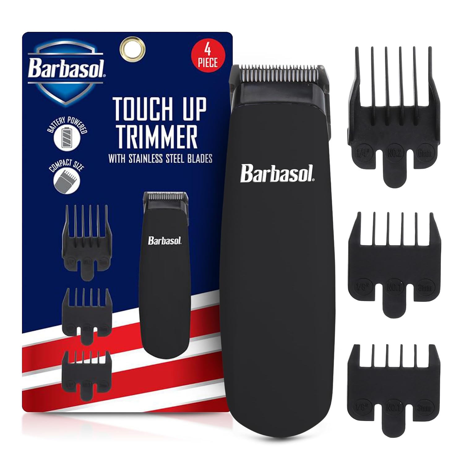 Barbasol Touch Up Trimmer for Men, Compact Electric Xtreme Precision Beard and Hair Trimmer with Stainless Steel Blades & 3 Guide Combs (3, 6, 10mm)