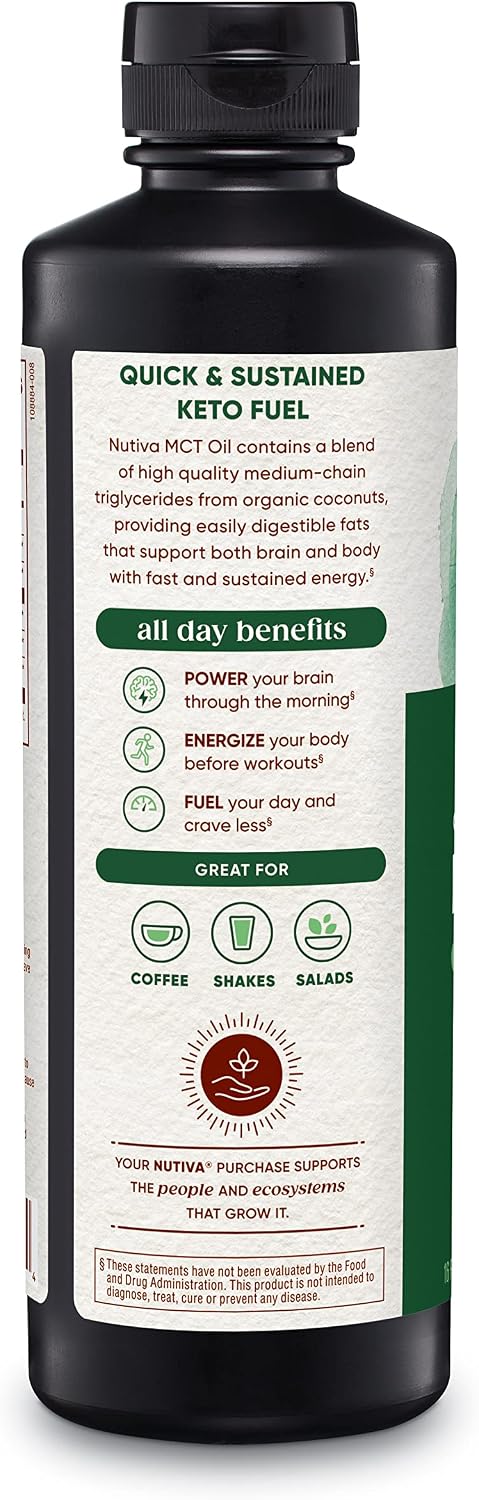 Nutiva Organic MCT Oil, Unflavored, 32 Oz, USDA Organic, Non-GMO, Non-BPA, Whole 30 Approved, Vegan, Gluten-Free & Keto, 14g MCT per Serving & Neutral Flavor for Energy Boost to Coffee, Shakes and Salads
