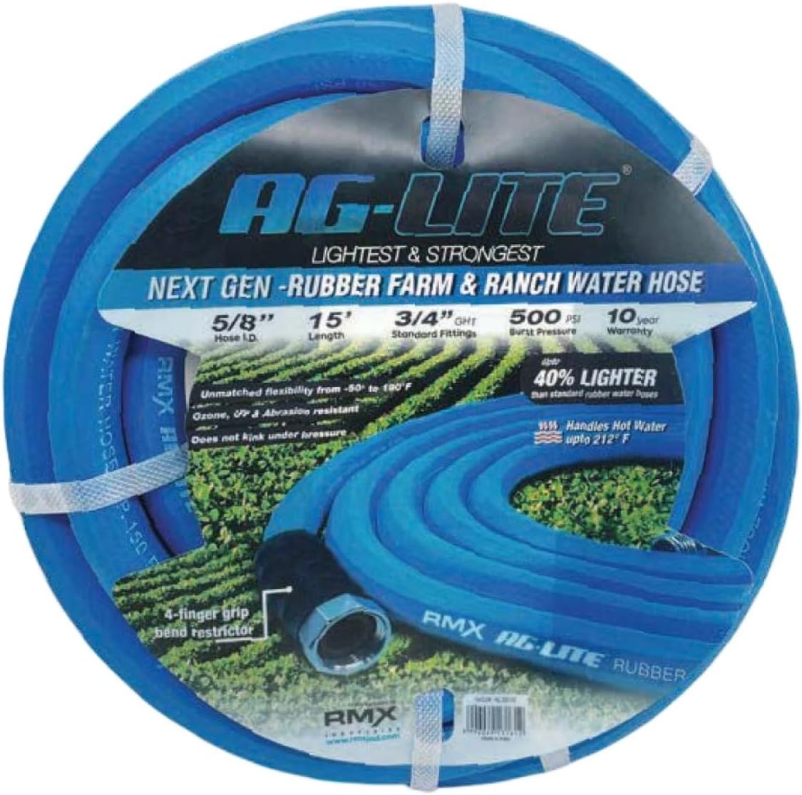 AG-LITE BSAL5825 5/8" x 25' Hot/Cold Water Rubber Garden Hose, 100% Rubber, Ultra-Light, Super Strong, 500 PSI, 50F to 190F Degrees, High Strength Polyester Braided