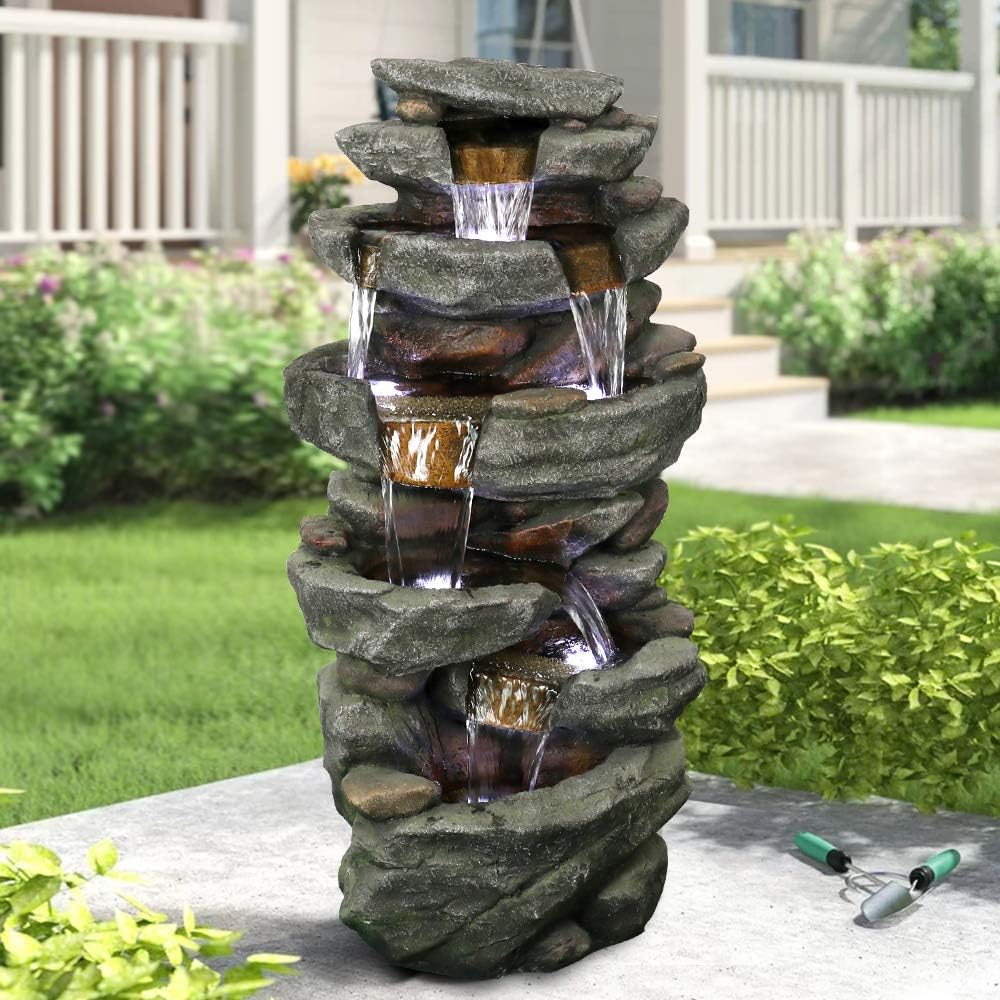 PeterIvan Outdoor Relaxing Waterfall - 6-Tier Fountain with 6 LED Lights, Stone-Liking Resin for Patio, Garden, House&Office (40.6in, Grey)