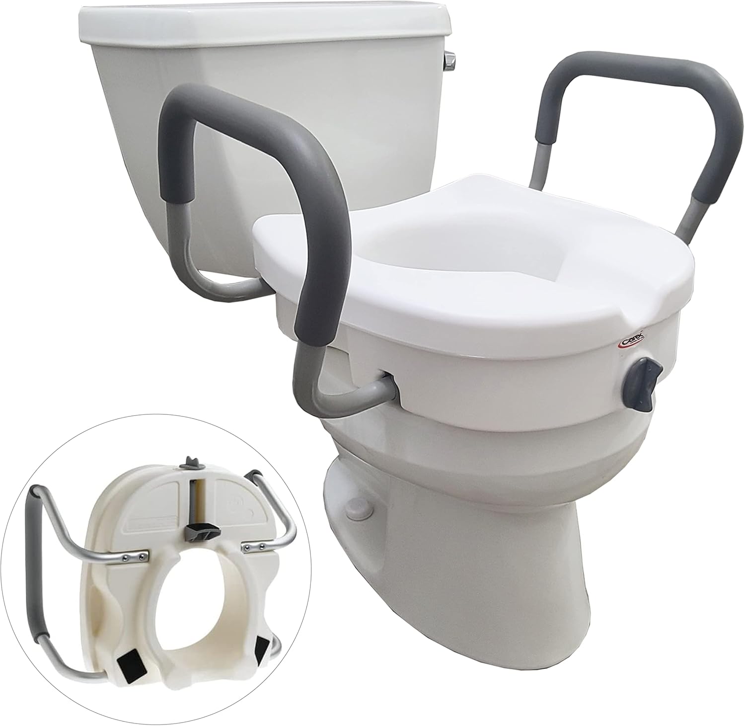 Carex E-Z Lock Toilet Seat and Safety Frame Combo Pack, 5-Inch Height Lift Seat Riser for Elderly and Handicap