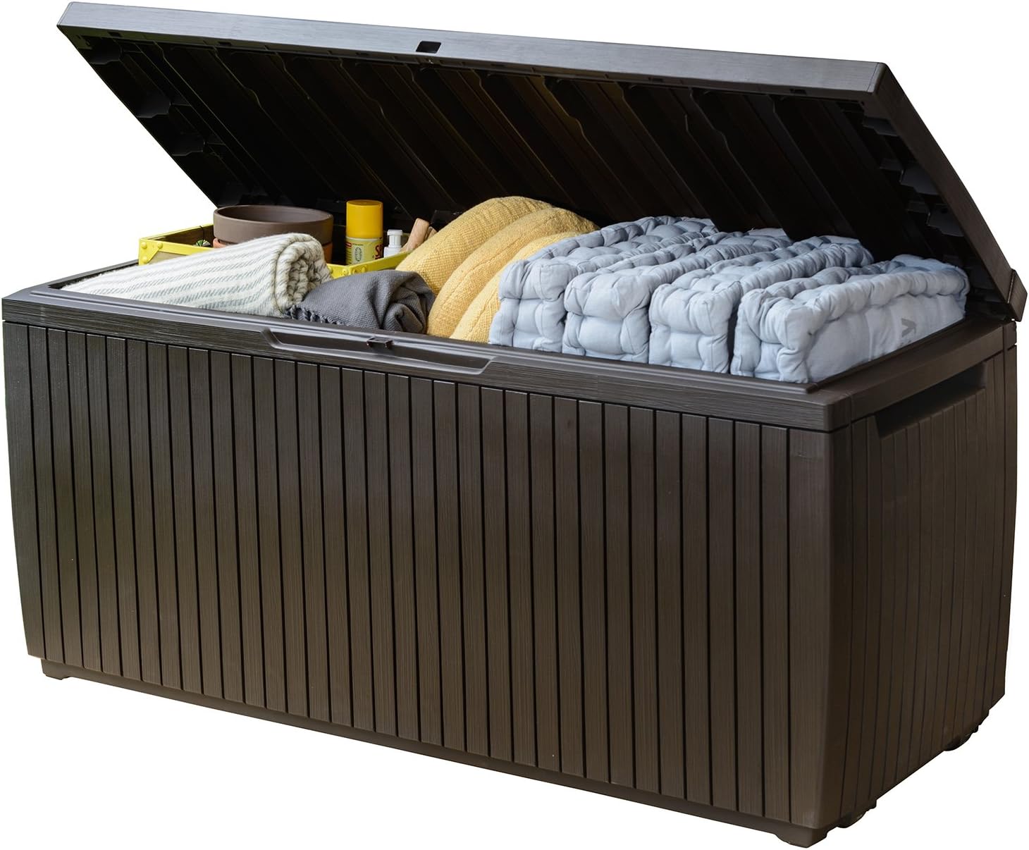 Keter Springwood 80 Gallon Resin Outdoor Storage Box for Patio Furniture Cushions, Pool Toys, and Garden Tools with Handles, Brown