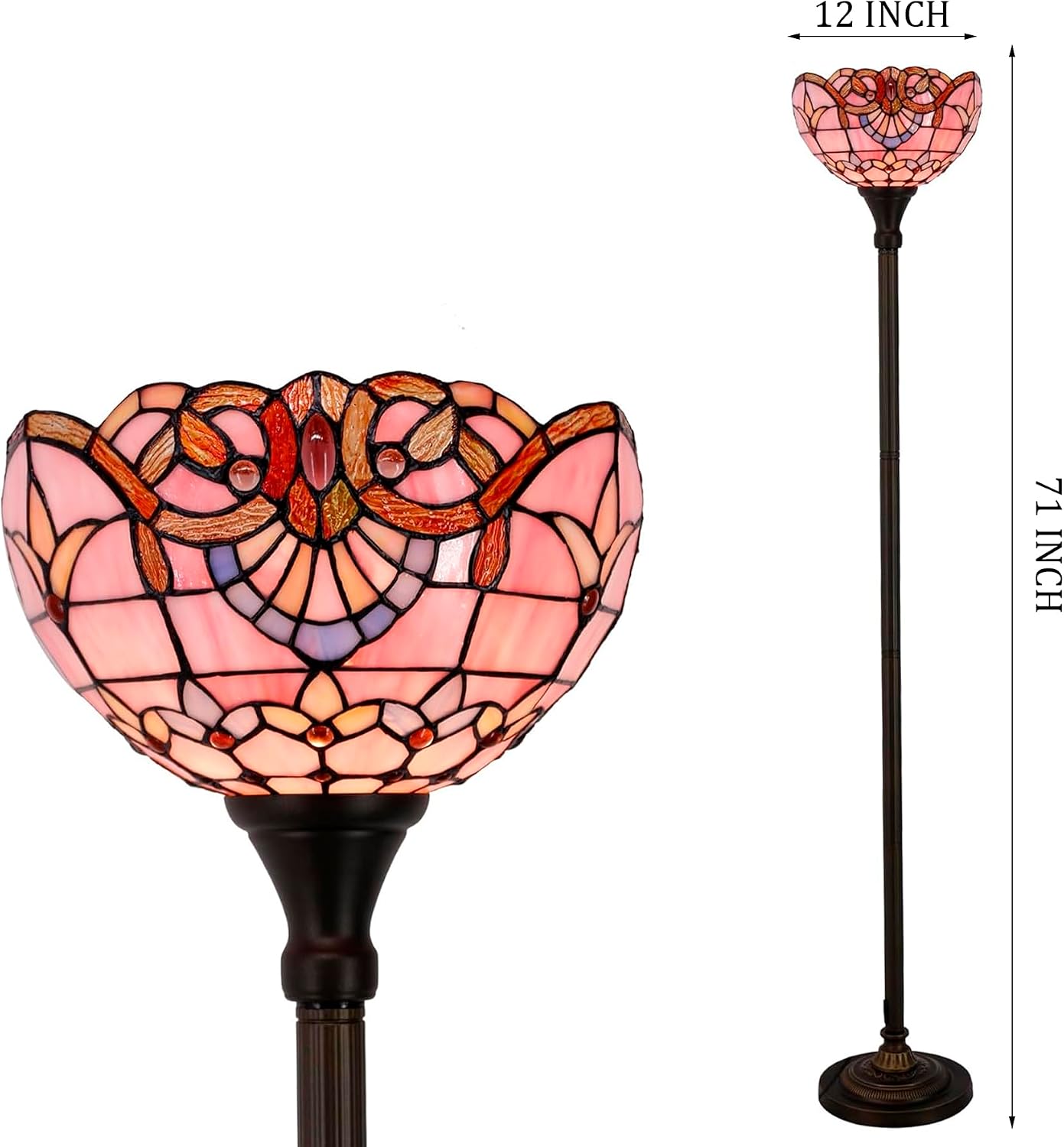 WERFACTORY Tiffany Floor Lamp Pink Baroque Stained Glass Torchiere Light | 12X12X71 Inches Pole Standing Corner Torch Uplight Decor Bedroom Living
