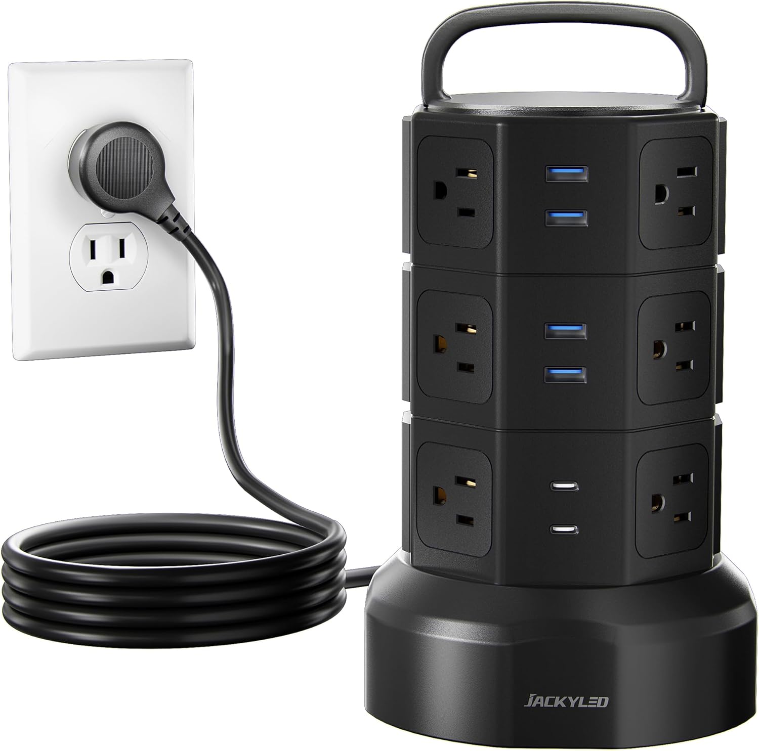 JACKYLED Power Strip Tower Surge Protector, 12 AC 6 USB (2 USB C), 1050J