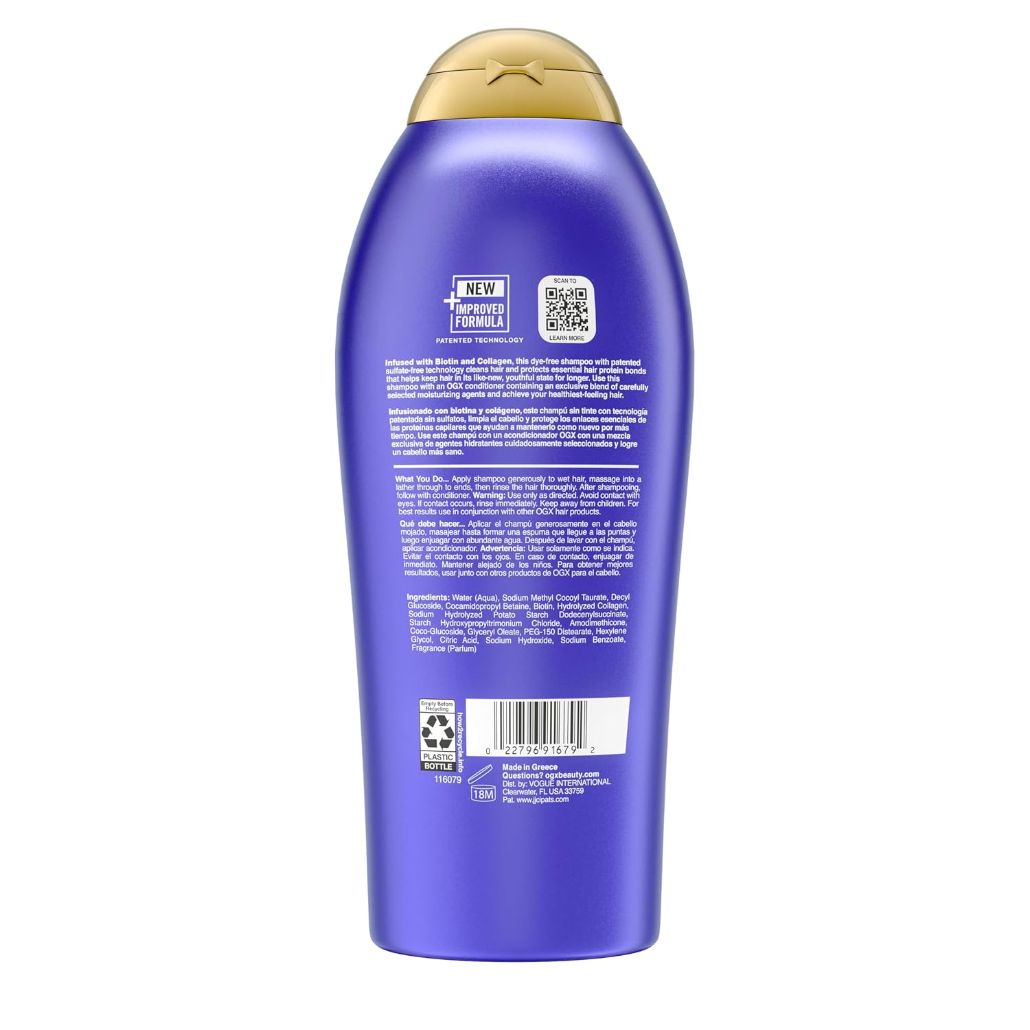 OGX Thick & Full + Biotin & Collagen Volumizing Shampoo, Nutrient-Infused Hair Shampoo with Vitamin B7 Biotin Gives Hair Volume & Body for 72+ Hours, Sulfate-Free Surfactants, 13 fl. oz