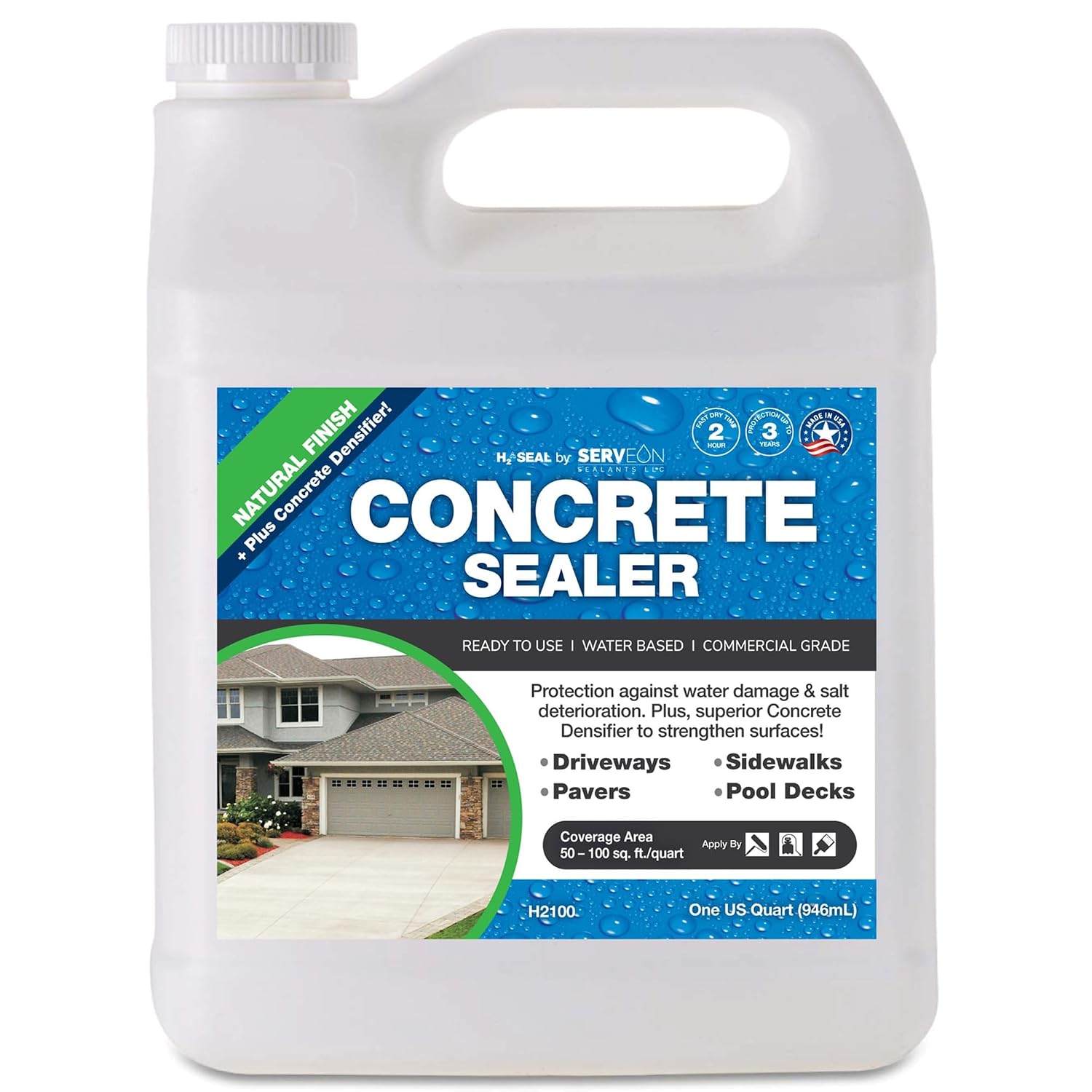 Concrete Driveway Sealer Densifier (Clear Natural Finish) 1 Gal | Serveon Sealants Commercial Grade Outdoor Indoor Waterproof Sealant, Protects Pavers, Sidewalks Pools, Made in USA, H2100