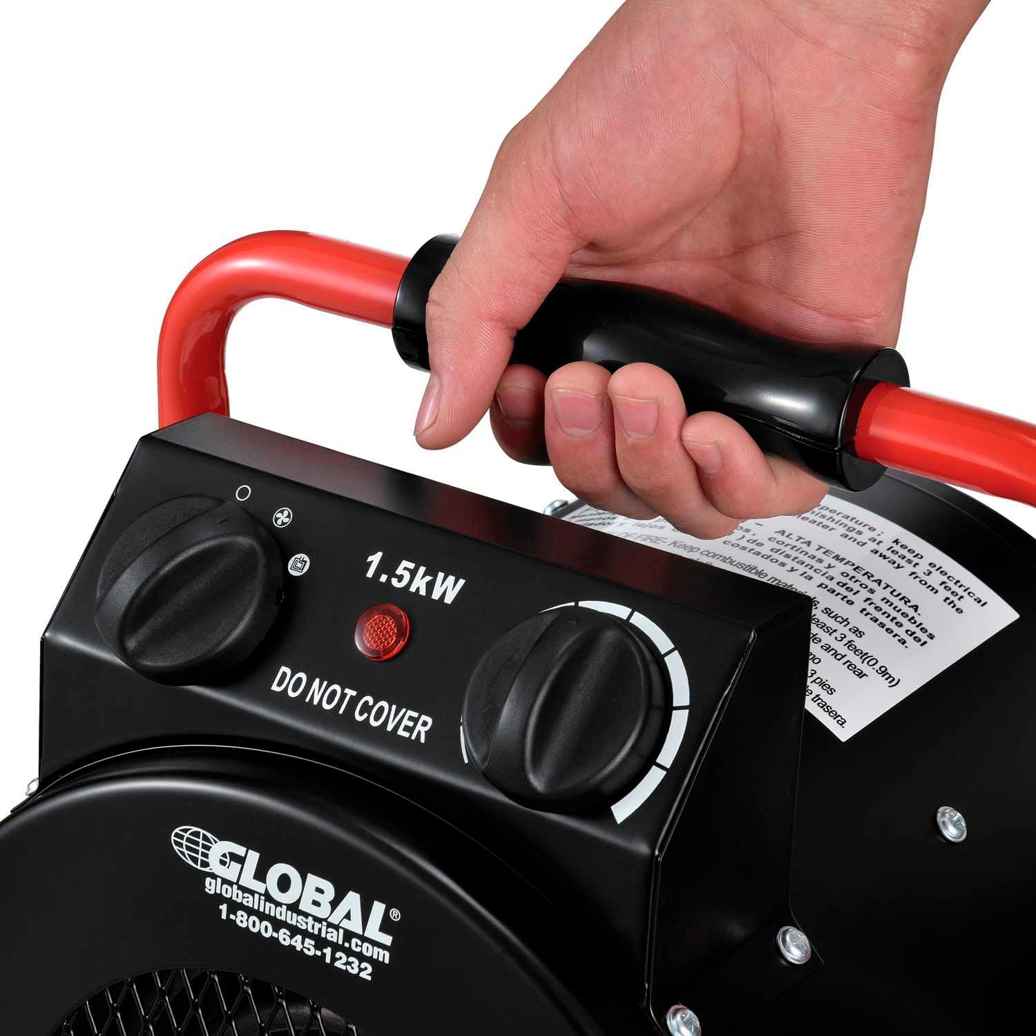 Global Industrial Portable Electric Space Heater With Built-in Thermostat | Ergonomic Handle, 5120 BTUs, 1500 Watt, 120V, For Garages, Warehouses