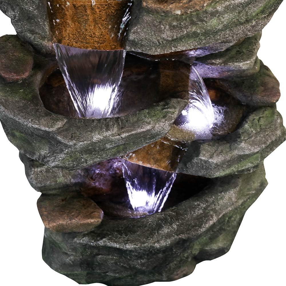 PeterIvan Outdoor Relaxing Waterfall - 6-Tier Fountain with 6 LED Lights, Stone-Liking Resin for Patio, Garden, House&Office (40.6in, Grey)