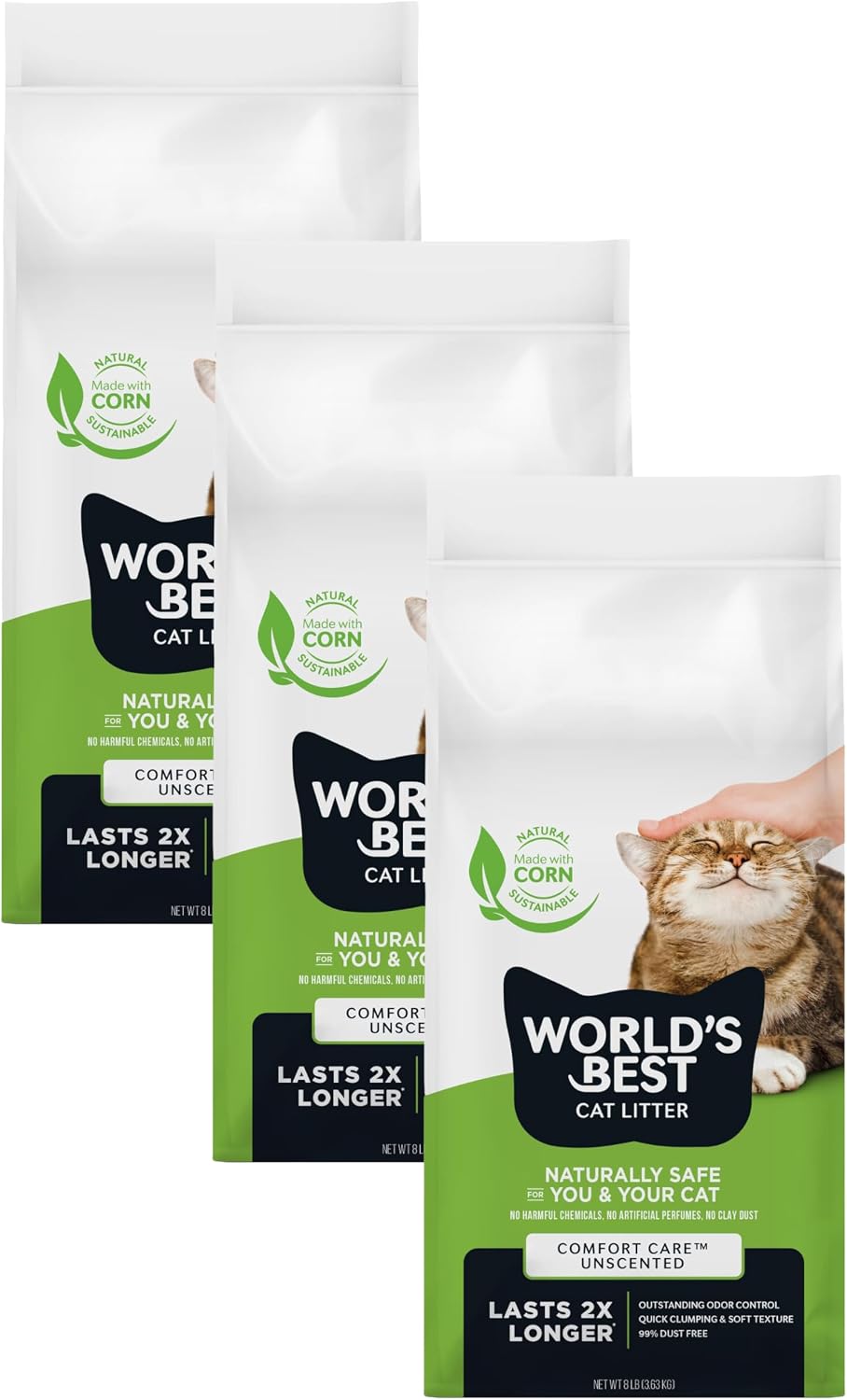 World's Best Cat Litter, Comfort Care, Unscented, Odor Control, 8 lb Bag | Gentle odor control for sensitive cats and lasts 2x longer; natural corn litter, quick clumping, flushable, 99% dust free