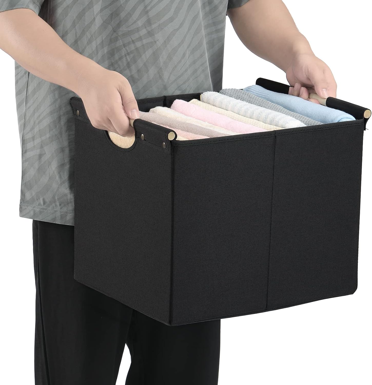 HOONEX Large Collapsible Storage Bins, Linen Fabric, 2 Pack, Storage Baskets with Wooden Carry Handles and Sturdy Heavy Cardboard, for Home, Office