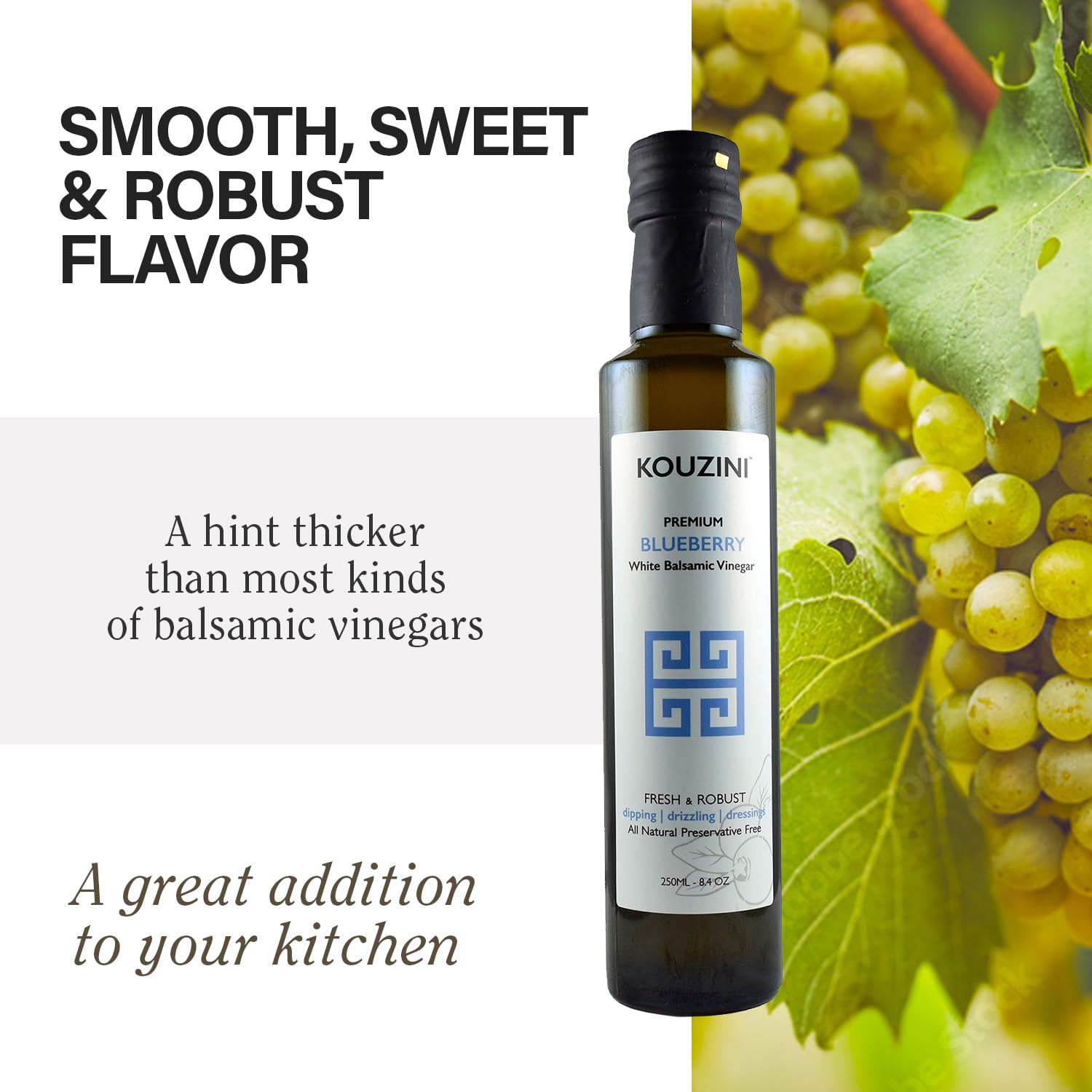 Kouzini Ultra-Premium Peach White Balsamic Vinegar, Aged, No Added Sugars or Preservatives, Ideal for Salads, Meats, Fish, Pizza, & Bread Dipping, Luxurious Balsamic Vinegar of Modena, 250ml