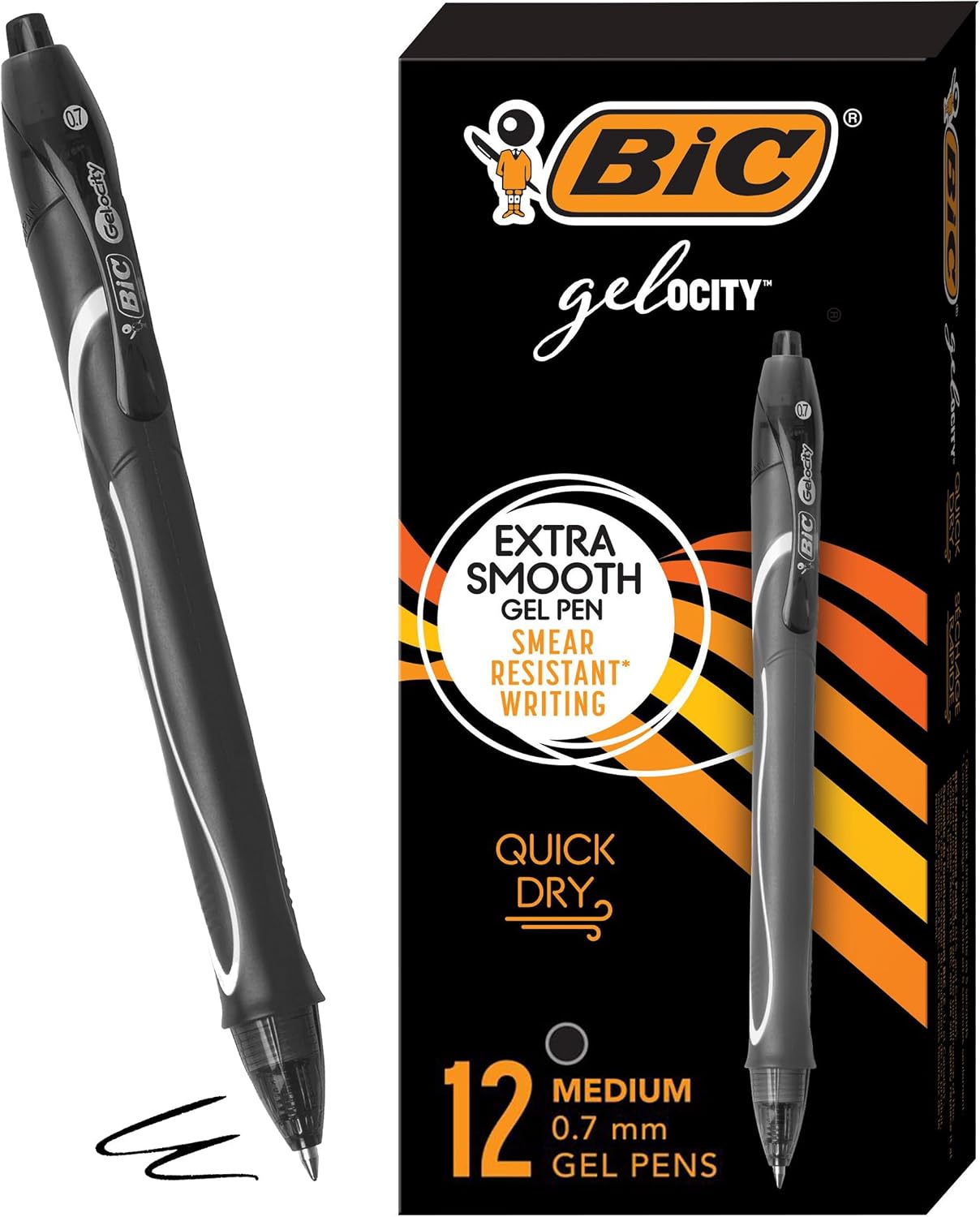 BIC Gelocity Quick Dry Black Gel Pens, Medium Point, 0.7 mm, 12-Count | Quick Dry Ink Resists Smearing | Full-Length Comfort Grip | Ideal for Students and Teachers | 12 Pens in Pack