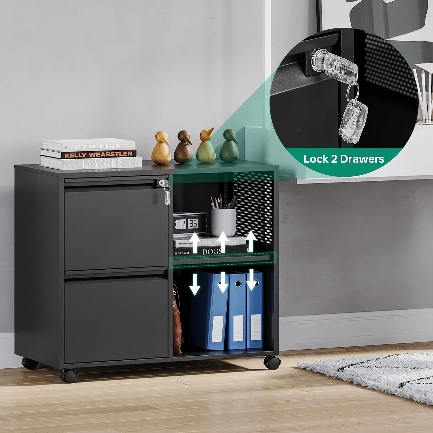 Mobile 3 Drawer File Cabinet with Lock-Metal Lateral Rolling Printer Stand Filing Cabinets for Home Office-Storage A4/F4/Letter (White)