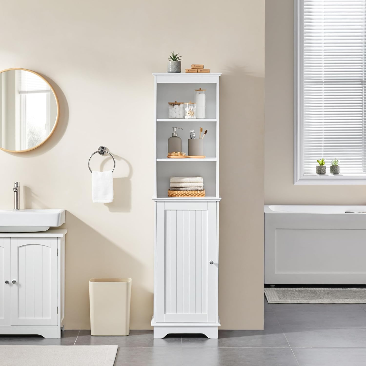 Yaheetech Tall Narrow Bathroom Storage Cabinet with Door and Shelves, White | Linen Closet for Towels, Toiletries and Laundry, Open Display Shelves